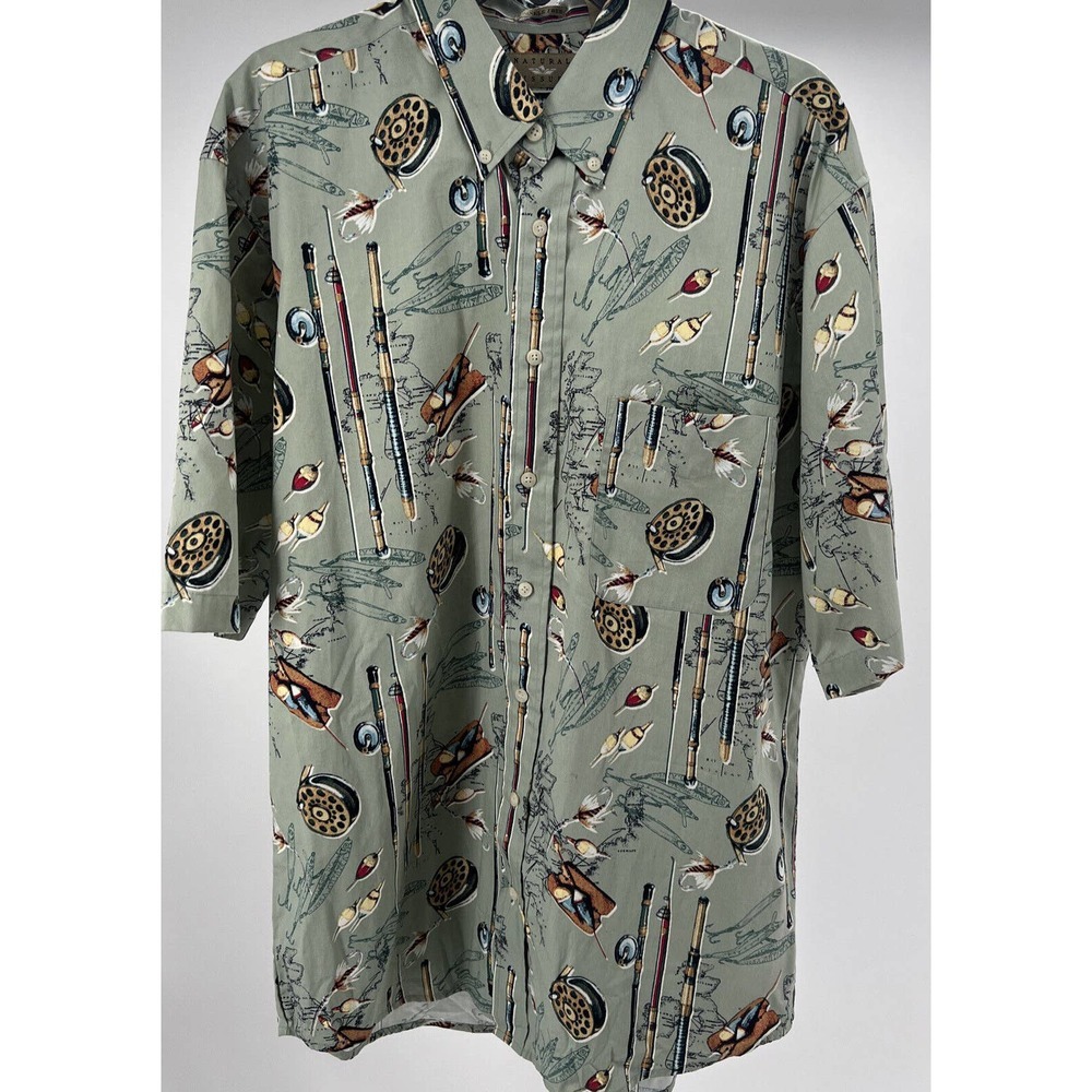 Natural Issue Mens Short Sleeve Button Up Shirt Fly Fishing Print Size LT EUC